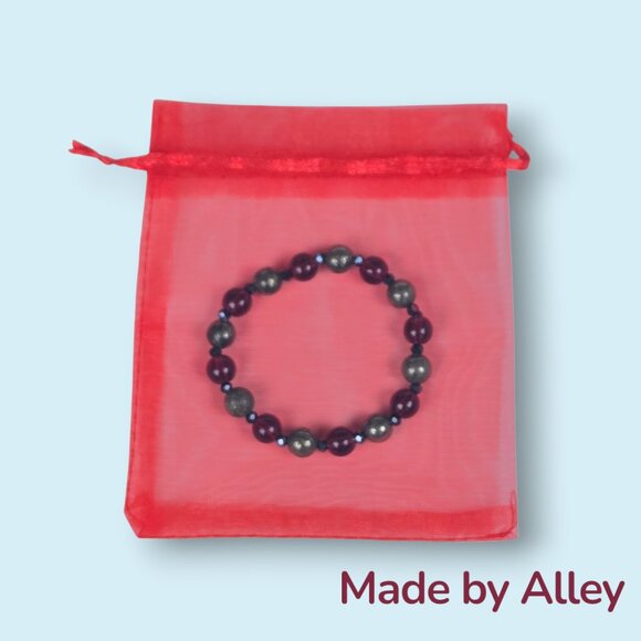 Handmade Natural Pyrite and Garnet Glass 8mm Round Beaded Bracelet - Picture 4 of 5